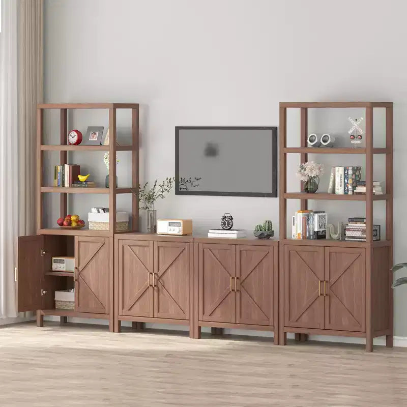 Étagère de 180 cm de haut, Bibliothèque en bois de style ferme à 5 niveaux, Armoire à portes croisées, Bibliothèque autoportante avec étagère réglable, Chêne