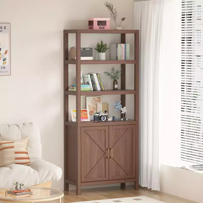 Étagère de 180 cm de haut, Bibliothèque en bois de style ferme à 5 niveaux, Armoire à portes croisées, Bibliothèque autoportante avec étagère réglable, Chêne
