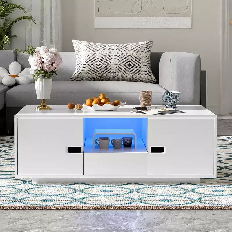 Table basse LED moderne Okak, éclairage 16 couleurs et espace de rangement, finition brillante, table d'appoint rectangulaire pour salon