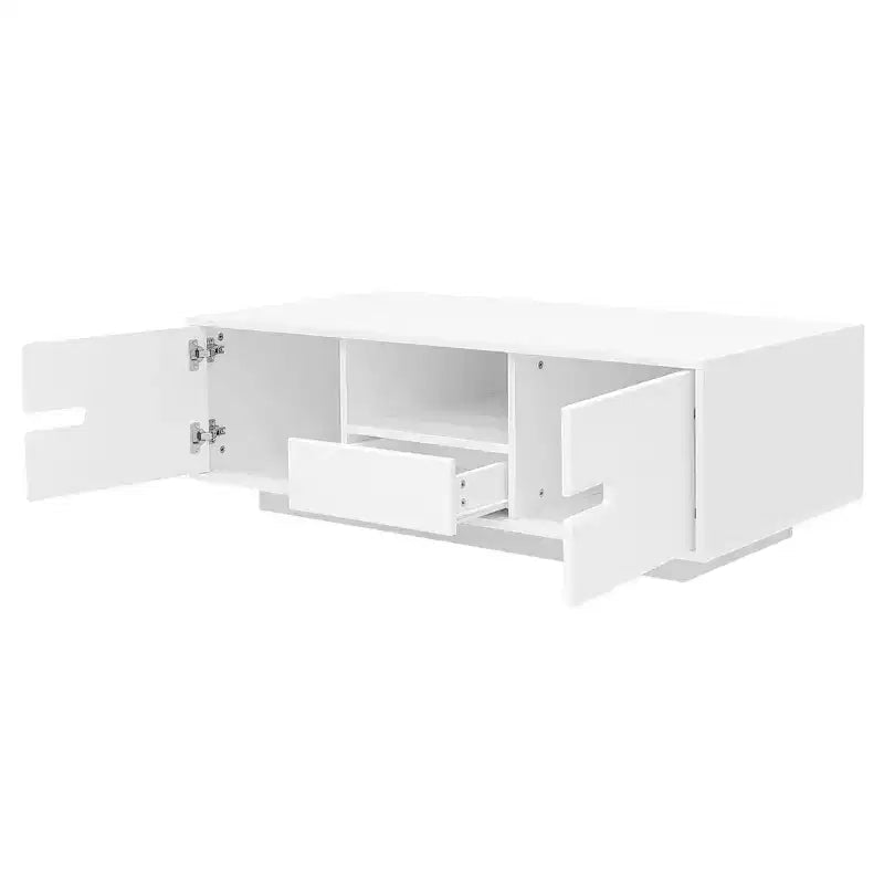 Table basse LED moderne Okak, éclairage 16 couleurs et espace de rangement, finition brillante, table d'appoint rectangulaire pour salon