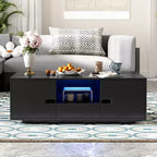 Table basse LED moderne Okak, éclairage 16 couleurs et espace de rangement, finition brillante, table d'appoint rectangulaire pour salon