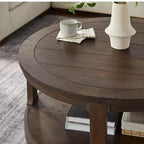 Table basse ronde Okak 36L pour salon, plateau en placage bois, table d'appoint pour canapé avec pied cylindrique pour petit espace bureau à domicile