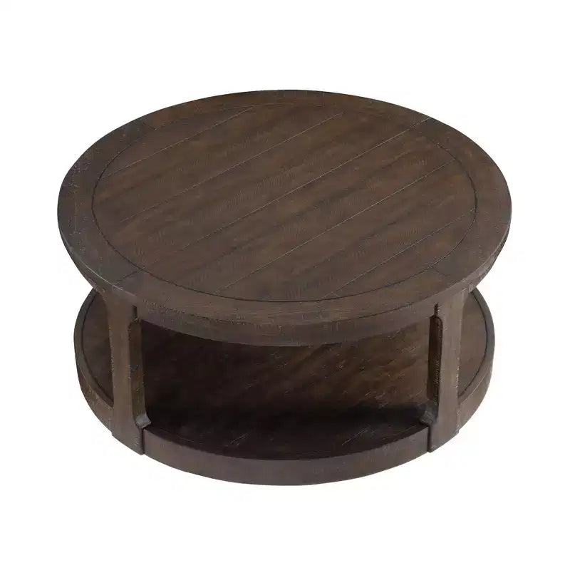 Table basse ronde Okak 36L pour salon, plateau en placage bois, table d'appoint pour canapé avec pied cylindrique pour petit espace bureau à domicile