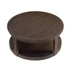 Table basse ronde Okak 36L pour salon, plateau en placage bois, table d'appoint pour canapé avec pied cylindrique pour petit espace bureau à domicile