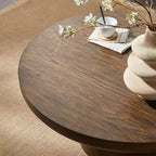 Table basse ronde Okak 36L pour salon, plateau en placage bois, table d'appoint pour canapé avec pied cylindrique pour petit espace bureau à domicile