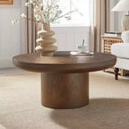 Table basse ronde Okak 36L pour salon, plateau en placage bois, table d'appoint pour canapé avec pied cylindrique pour petit espace bureau à domicile