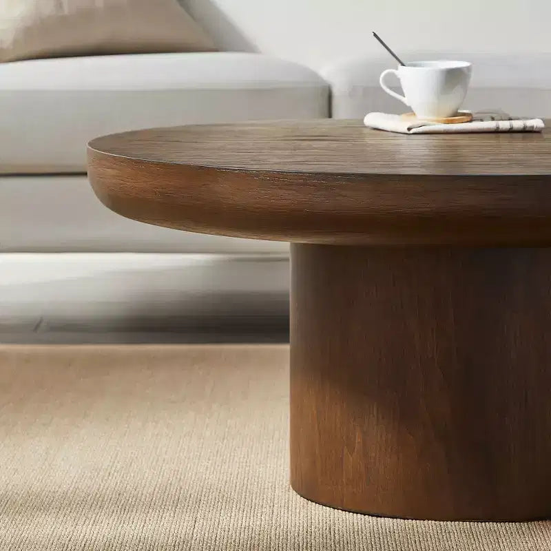 Table basse ronde Okak 36L pour salon, plateau en placage bois, table d'appoint pour canapé avec pied cylindrique pour petit espace bureau à domicile