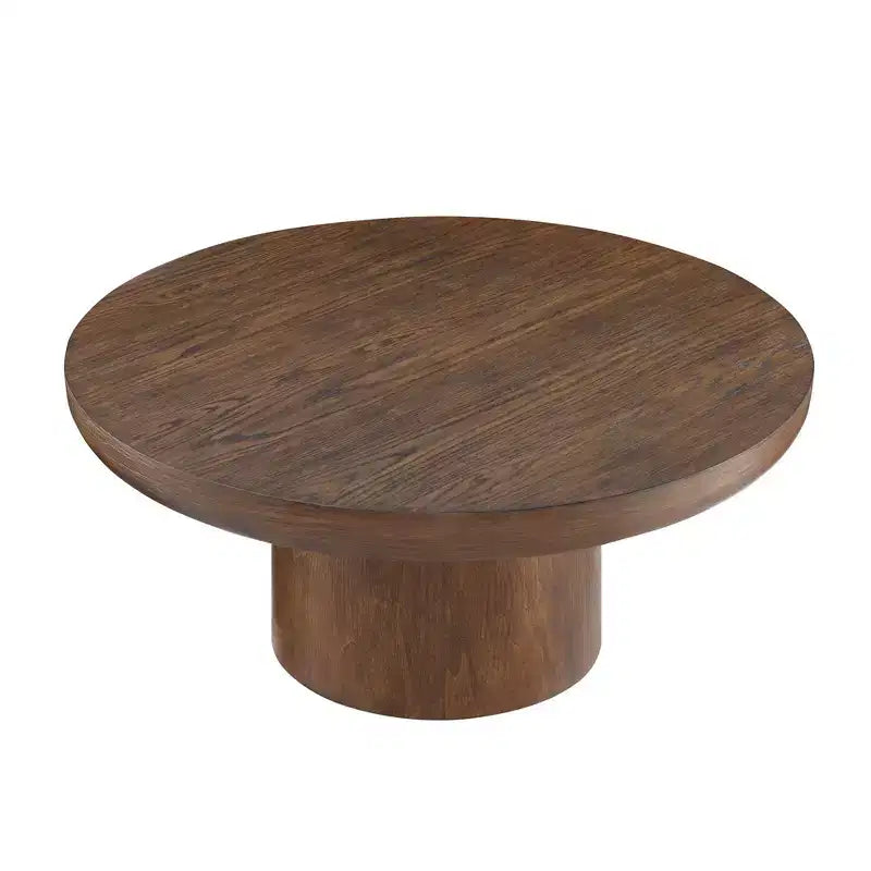Table basse ronde Okak 36L pour salon, plateau en placage bois, table d'appoint pour canapé avec pied cylindrique pour petit espace bureau à domicile