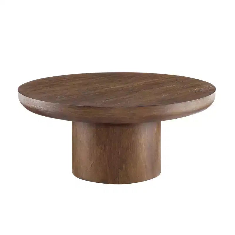 Table basse ronde Okak 36L pour salon, plateau en placage bois, table d'appoint pour canapé avec pied cylindrique pour petit espace bureau à domicile