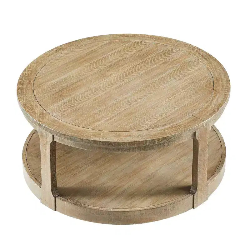Table basse ronde Okak 36L pour salon, plateau en placage bois, table d'appoint pour canapé avec pied cylindrique pour petit espace bureau à domicile