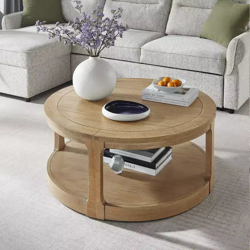 Table basse ronde Okak 36L pour salon, plateau en placage bois, table d'appoint pour canapé avec pied cylindrique pour petit espace bureau à domicile