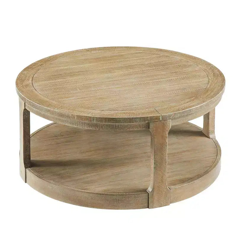 Table basse ronde Okak 36L pour salon, plateau en placage bois, table d'appoint pour canapé avec pied cylindrique pour petit espace bureau à domicile