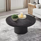 Table basse ronde Okak 36L pour salon, plateau en placage bois, table d'appoint pour canapé avec pied cylindrique pour petit espace bureau à domicile