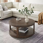 Table basse ronde Okak 36L pour salon, plateau en placage bois, table d'appoint pour canapé avec pied cylindrique pour petit espace bureau à domicile