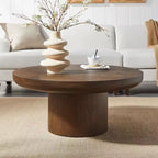 Table basse ronde Okak 36L pour salon, plateau en placage bois, table d'appoint pour canapé avec pied cylindrique pour petit espace bureau à domicile