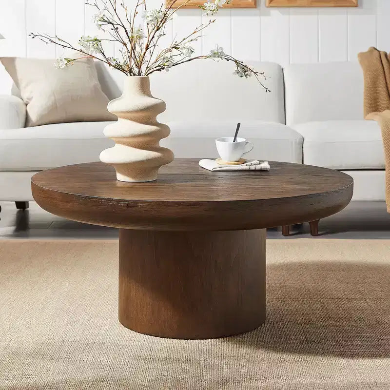 Table basse ronde Okak 36L pour salon, plateau en placage bois, table d'appoint pour canapé avec pied cylindrique pour petit espace bureau à domicile