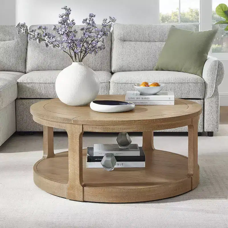 Table basse ronde Okak 36L pour salon, plateau en placage bois, table d'appoint pour canapé avec pied cylindrique pour petit espace bureau à domicile