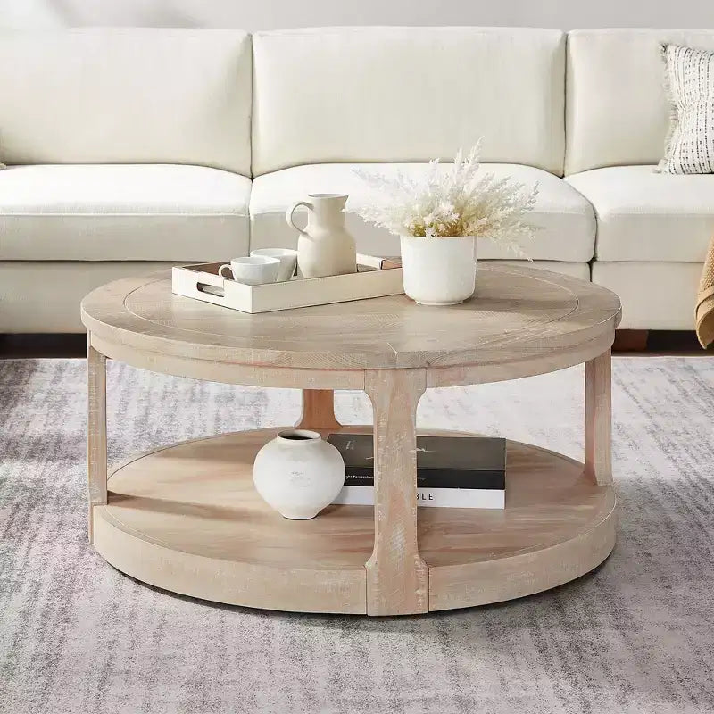Table basse ronde Okak 36L pour salon, plateau en placage bois, table d'appoint pour canapé avec pied cylindrique pour petit espace bureau à domicile