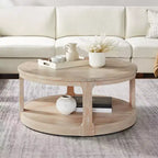Table basse ronde Okak 36L pour salon, plateau en placage bois, table d'appoint pour canapé avec pied cylindrique pour petit espace bureau à domicile