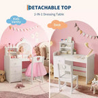 Coiffeuse avec miroir et lumières pour petites filles, ensemble de coiffeuse avec tiroirs et étagères de rangement ouvertes, table de toilette en bois pour chambre à coucher