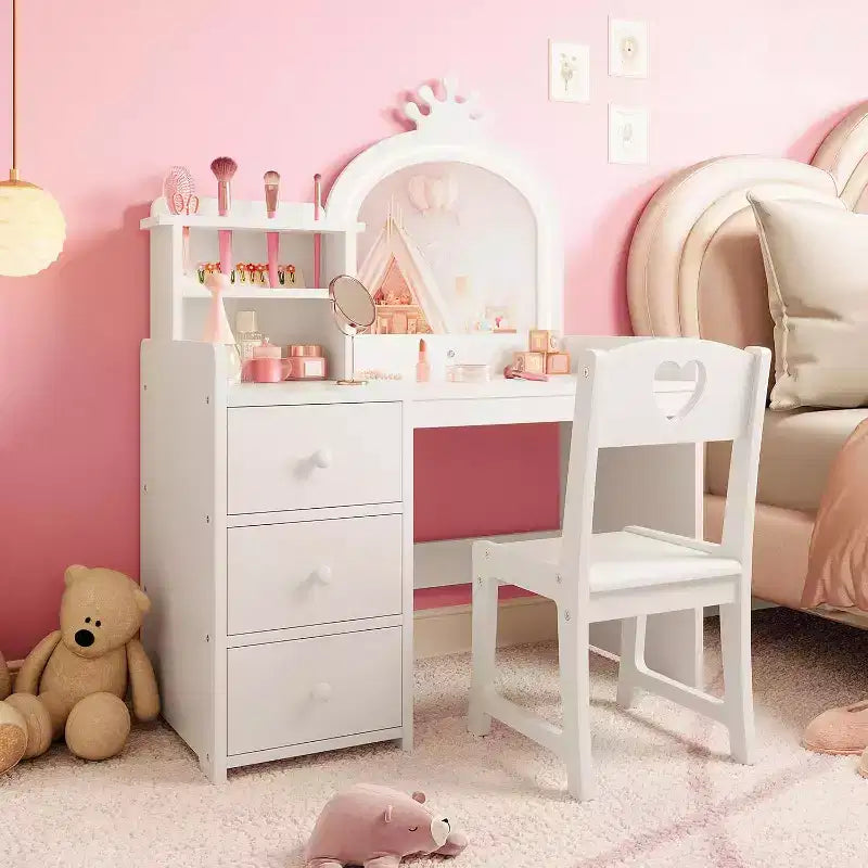 Coiffeuse avec miroir et lumières pour petites filles, ensemble de coiffeuse avec tiroirs et étagères de rangement ouvertes, table de toilette en bois pour chambre à coucher