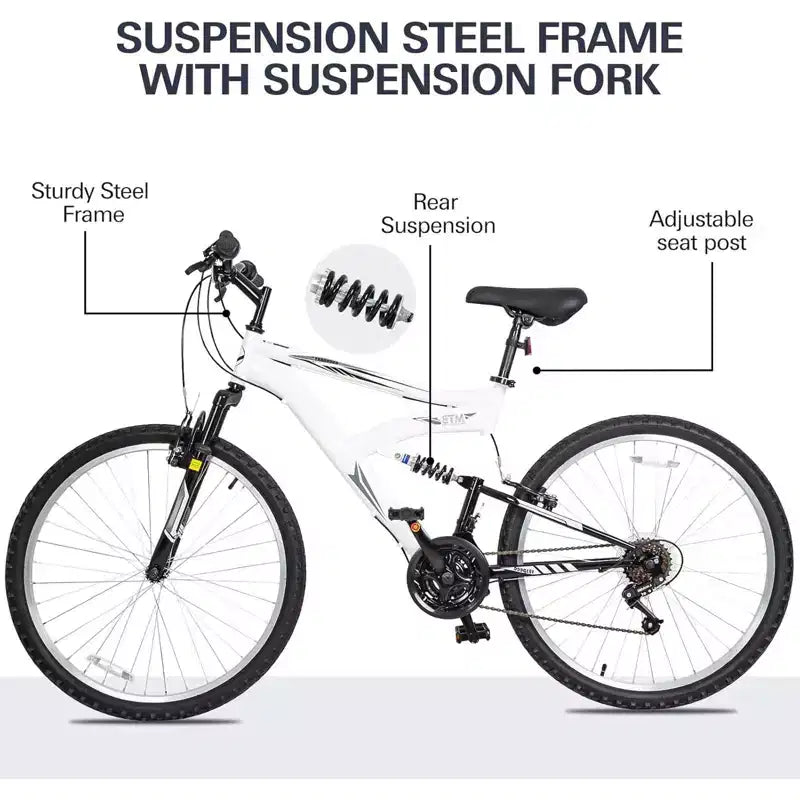 hykolity Vélo Tout Terrain VTT 26 pouces Vélo d'extérieur Cyclisme 18 Vitesses Vélos de Sport Piste Hors Route Suspension Intégrale pour Homme Adulte Unisexe Blanc