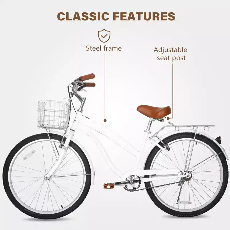 hykolity Vélo de plage 26 pouces, vélo de ville, vélo de navette pour femme adulte de 152 à 183 cm, panier avant, porte-bagages arrière, blanc pâle