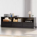 Meuble TV noir GustoWave pour téléviseurs jusqu'à 80 pouces, meuble console multimédia moderne avec 3 tiroirs et 3 étagères ouvertes pour salon et chambre à coucher