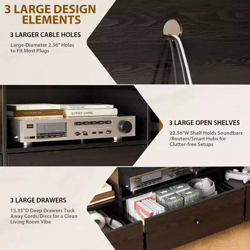 Meuble TV noir GustoWave pour téléviseurs jusqu'à 80 pouces, meuble console multimédia moderne avec 3 tiroirs et 3 étagères ouvertes pour salon et chambre à coucher