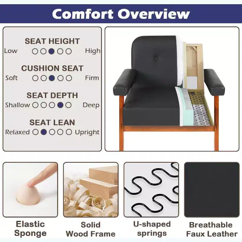 TYBOATLE Fauteuil en similicuir noir avec cadre en bois, fauteuils de salon rembourrés confortables pour la lecture dans les petits espaces