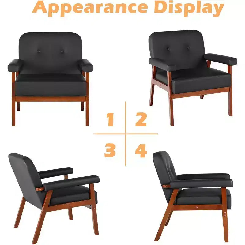 TYBOATLE Fauteuil en similicuir noir avec cadre en bois, fauteuils de salon rembourrés confortables pour la lecture dans les petits espaces