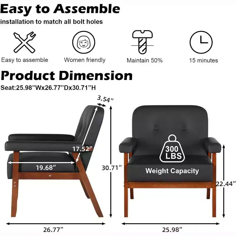 TYBOATLE Fauteuil en similicuir noir avec cadre en bois, fauteuils de salon rembourrés confortables pour la lecture dans les petits espaces