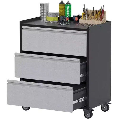 Acekool Heavy Duty Metal Tool Cart with 3 Drawers, Rolling Toolbox Storage Cabinet on Wheels for Garage, Workshop, Warehouse, Gray