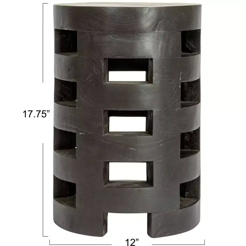 Tabouret rond en bois de mindi Storied Home avec surface texturée, noir