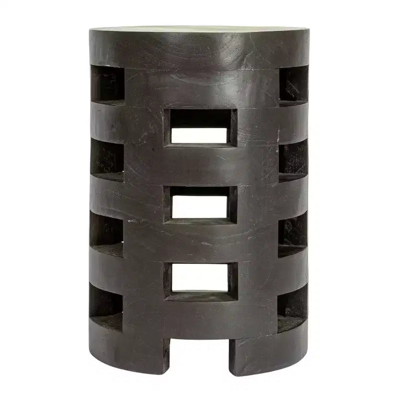 Tabouret rond en bois de mindi Storied Home avec surface texturée, noir