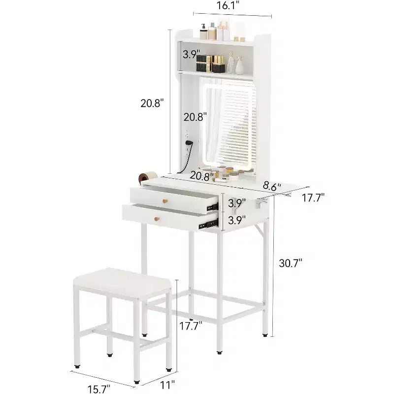 Petite coiffeuse avec miroir, mini coiffeuse avec éclairage réglable, 2 tiroirs, support pour sèche-cheveux pour petites chambres, appartements