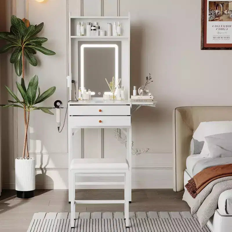 Petite coiffeuse avec miroir, mini coiffeuse avec éclairage réglable, 2 tiroirs, support pour sèche-cheveux pour petites chambres, appartements