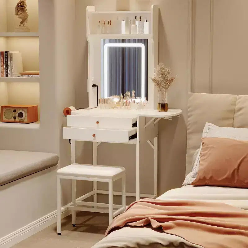 Petite coiffeuse avec miroir, mini coiffeuse avec éclairage réglable, 2 tiroirs, support pour sèche-cheveux pour petites chambres, appartements