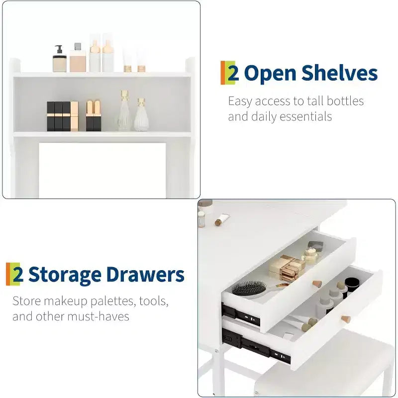 Petite coiffeuse avec miroir, mini coiffeuse avec éclairage réglable, 2 tiroirs, support pour sèche-cheveux pour petites chambres, appartements