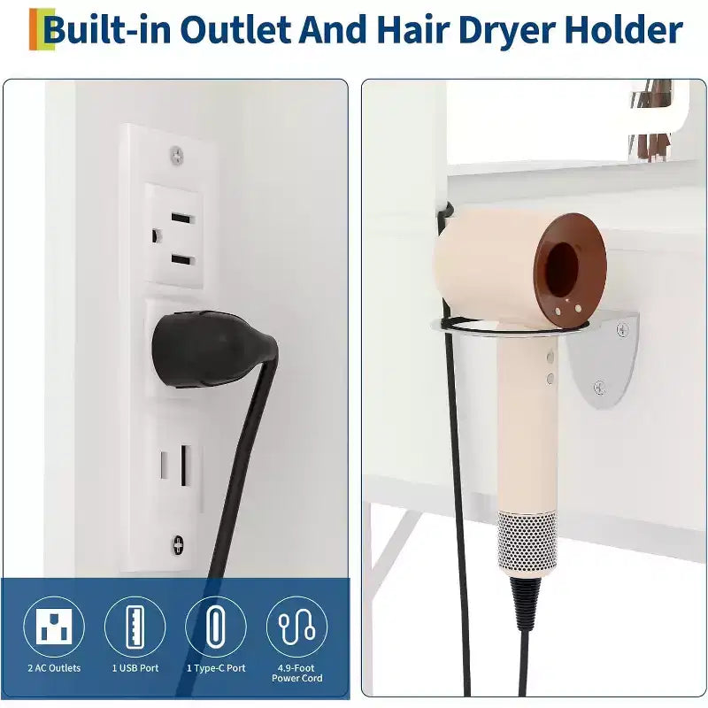 Petite coiffeuse avec miroir, mini coiffeuse avec éclairage réglable, 2 tiroirs, support pour sèche-cheveux pour petites chambres, appartements