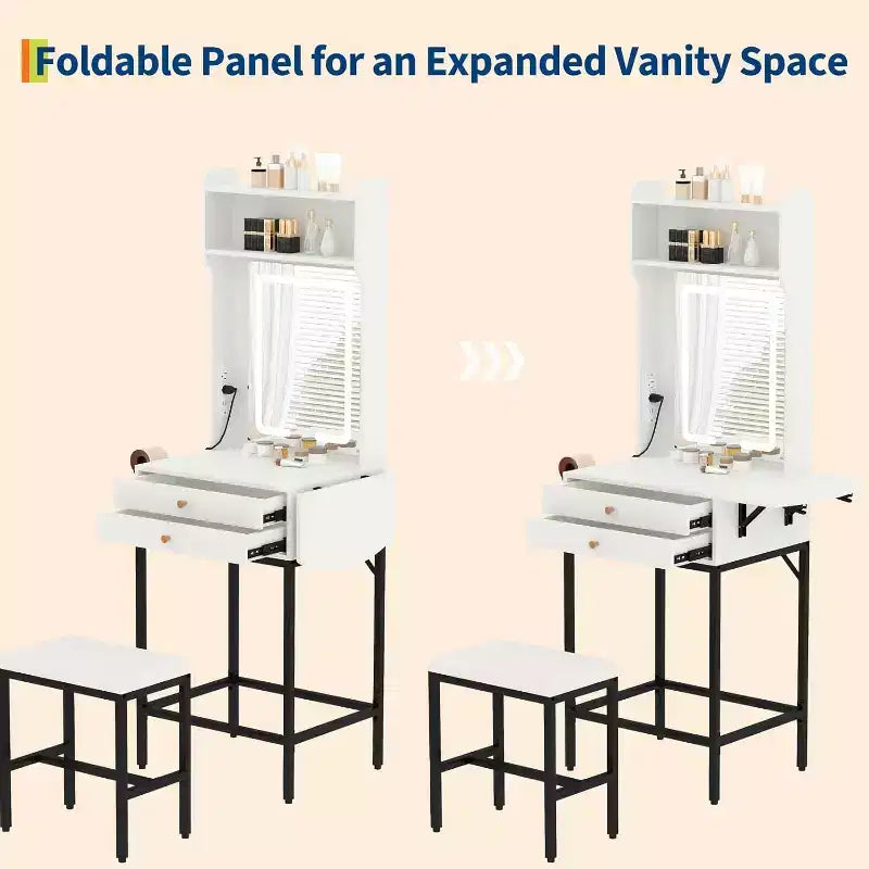 Petite coiffeuse avec miroir, mini coiffeuse avec éclairage réglable, 2 tiroirs, support pour sèche-cheveux pour petites chambres, appartements
