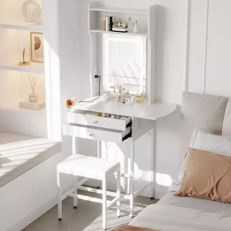 Petite coiffeuse avec miroir, mini coiffeuse avec éclairage réglable, 2 tiroirs, support pour sèche-cheveux pour petites chambres, appartements