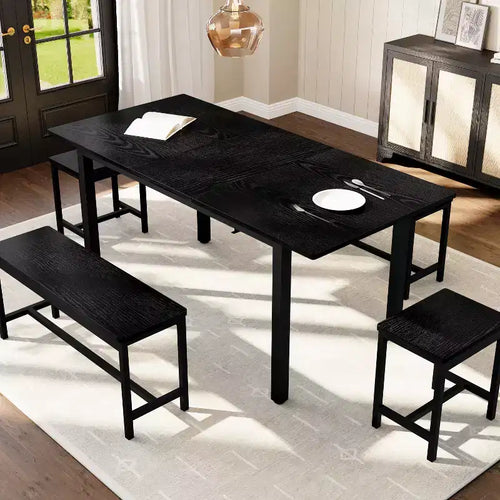 5-Piece Dining Table Set for 4-8 People, 63 Large Extendable Kitchen Table Set with 2 Benches and 2 Square Stools, Easy Assembly
