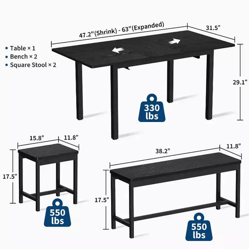 Ensemble de salle à manger 5 pièces pour 4 à 8 personnes, grande table de cuisine extensible de 160 cm avec 2 bancs et 2 tabourets carrés, montage facile