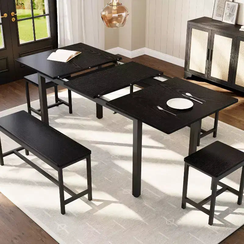 Ensemble de salle à manger 5 pièces pour 4 à 8 personnes, grande table de cuisine extensible de 160 cm avec 2 bancs et 2 tabourets carrés, montage facile