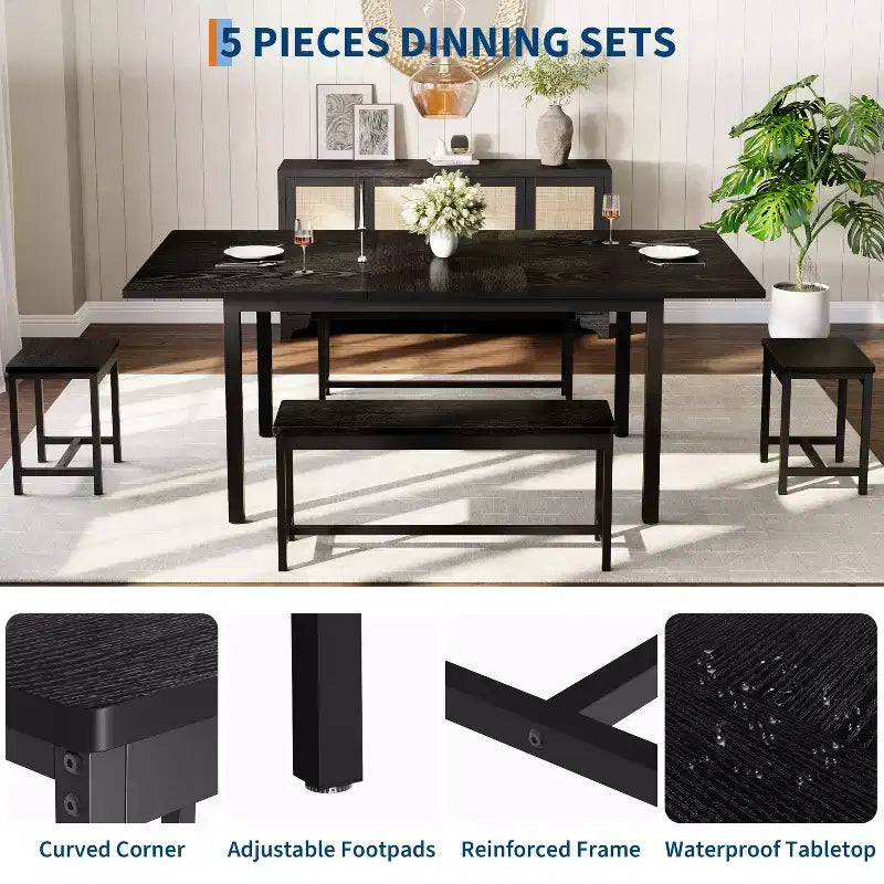 Ensemble de salle à manger 5 pièces pour 4 à 8 personnes, grande table de cuisine extensible de 160 cm avec 2 bancs et 2 tabourets carrés, montage facile