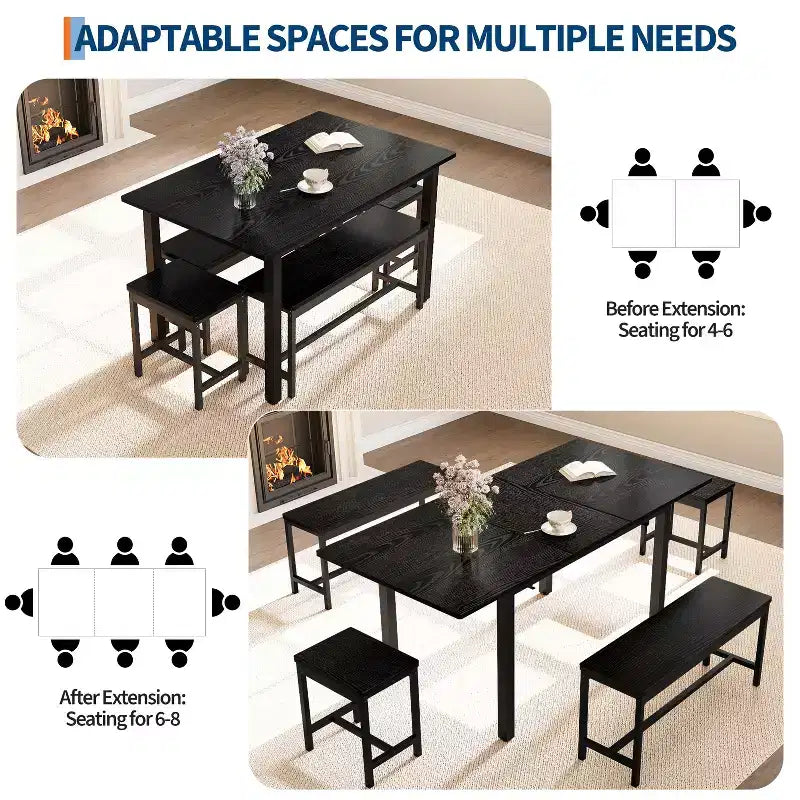 Ensemble de salle à manger 5 pièces pour 4 à 8 personnes, grande table de cuisine extensible de 160 cm avec 2 bancs et 2 tabourets carrés, montage facile