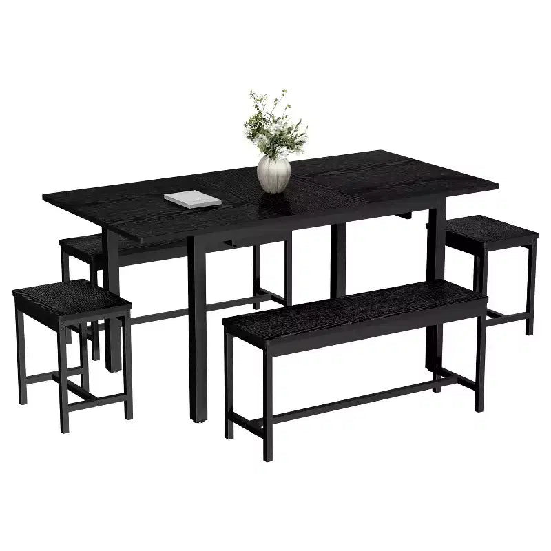 Ensemble de salle à manger 5 pièces pour 4 à 8 personnes, grande table de cuisine extensible de 160 cm avec 2 bancs et 2 tabourets carrés, montage facile