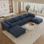 Canapé d'angle modulable en velours côtelé blanc de 4 m avec 2 poufs, grand canapé profond, design double couche, coussin amovible, aucun assemblage requis.