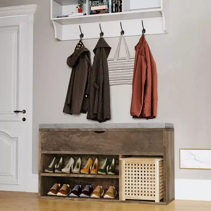 Banc à chaussures avec coussin, banc d'entrée avec étagère réglable, banc à chaussures de rangement dissimulé, étagère à chaussures en bois, pour entrée, couloir